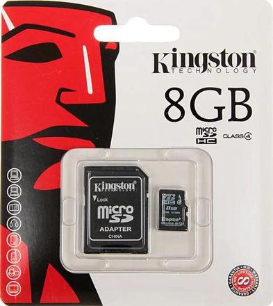 Карта памяти microSDHC Kingston 8 ГБ, Class 4, SDC4/8Gb, 1 шт., переходник SD
