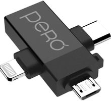 Изображение товара Адаптер PERO AD14,  Lightning (m)/USB Type-C (m)/micro USB (m) -  USB (f),  0.037м,  черный