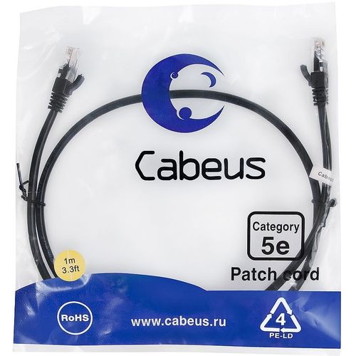 Патч-корд CABEUS вилка RJ-45, вилка RJ-45, кат.5E, ПВХ, 1м, черный [pc-utp-rj45-cat.5e-1m-bk]