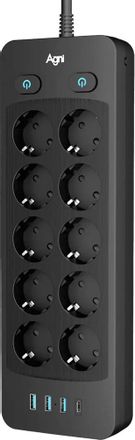 Сетевой фильтр AGNI TP-FO4U10E, 3м, черный [tp-fo4u10e-c-3m-black]