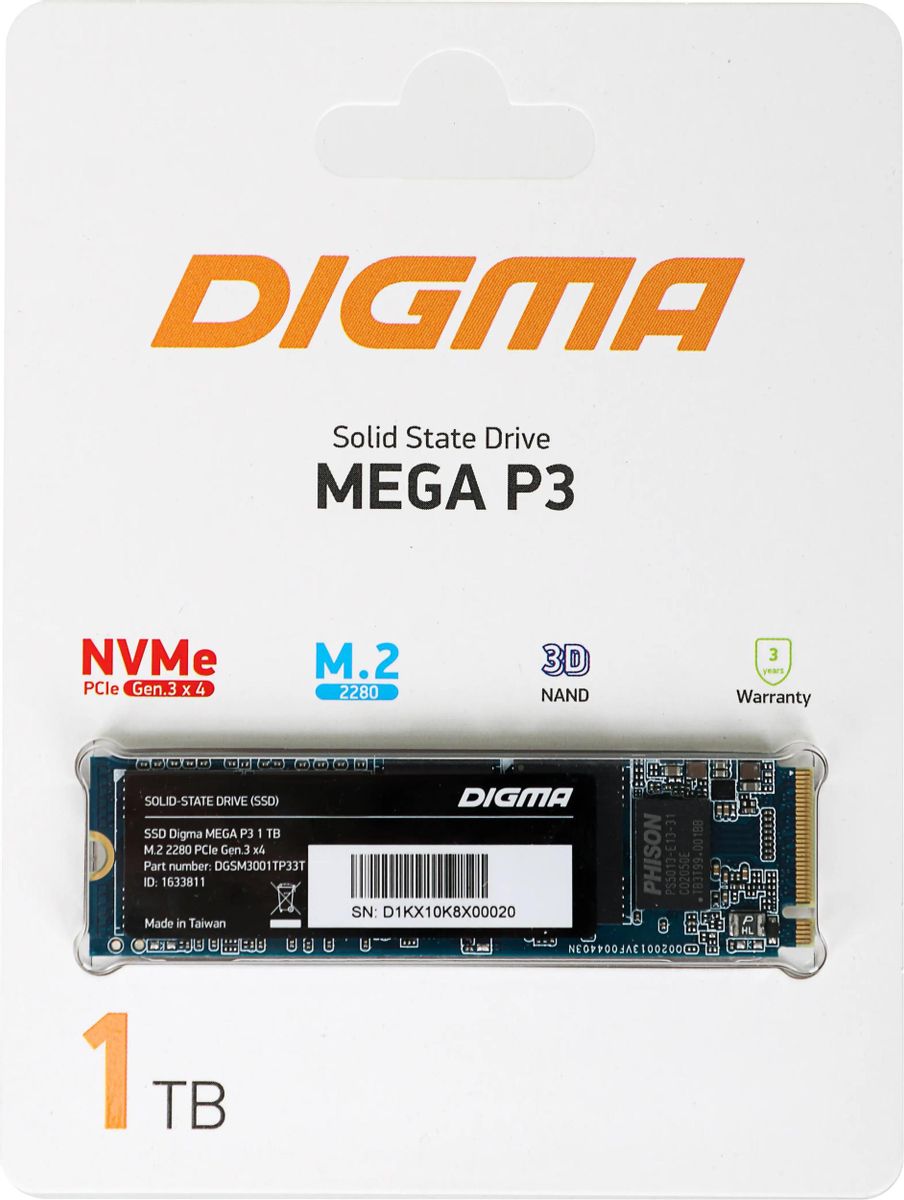 SSD накопитель Digma Mega M2 DGSM3001TM23T 1ТБ, M.2 2280, PCIe 3.0 x4,  NVMe, M.2, rtl – купить в Ситилинк