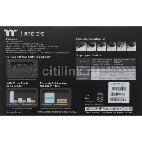Блок питания Thermaltake Toughpower TF3 Gen.5, 1650Вт, 80 PLUS TITANIUM, 140мм, черный, retail [ps-tpd-1650fnfate-1]