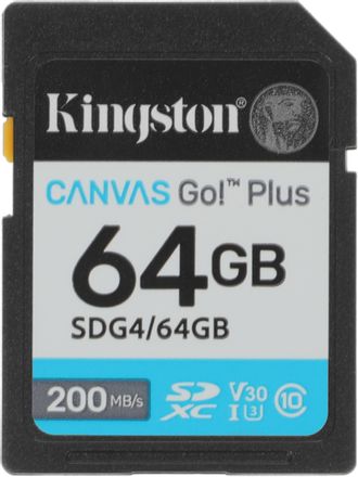 Карта памяти SDXC UHS-I U3 Kingston Canvas Go! Plus 64 ГБ, 200 МБ/с, Class 10, SDG4/64GB, 1 шт., без адаптера