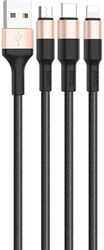 Изображение товара Кабель Hoco X26 Xpress one,  Lightning (m)/USB Type-C (m)/micro USB (m) -  USB (m),  1м,  2A,  черный / золотистый [80275]