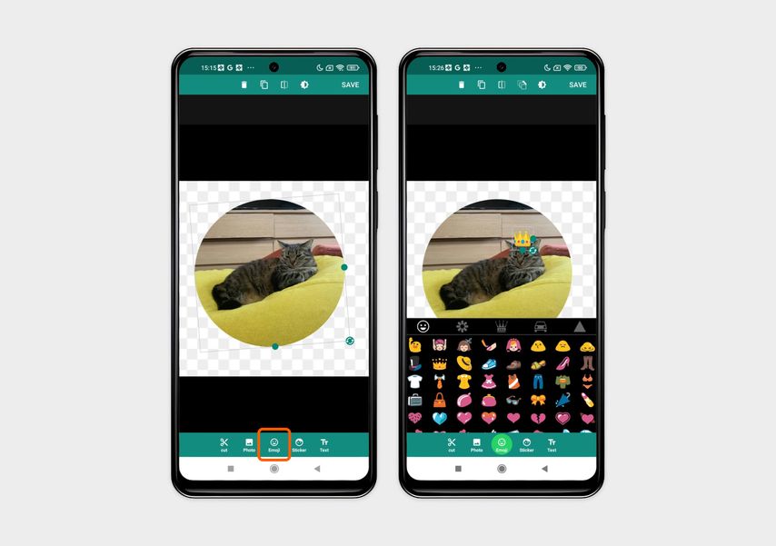 Нажмите Emoji, чтобы добавить смайлик или предмет на картинку