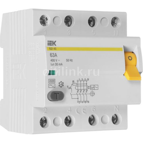 Выключатель дифф. тока (УЗО) IEK ВД1-63 (MDV10-4-063-030) 63A 4П 400В 4 модуля белый (упак.:1шт)