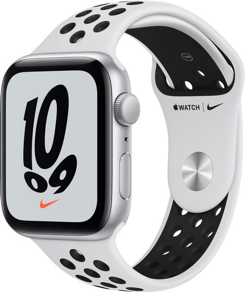 Смарт-часы Apple Watch SE 2021 Nike,  44мм,  серебристый / чистая платина/черный [mkq73ru/a]