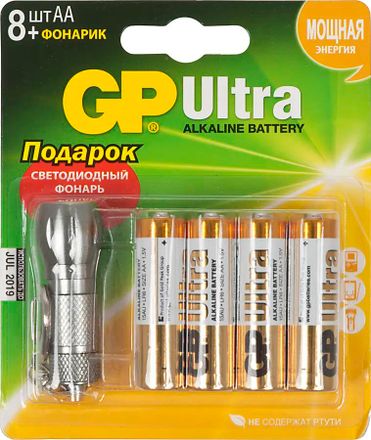 AA Батарейка GP Ultra Alkaline 15AU/FT LR6 (+ фонарик),  8 шт.