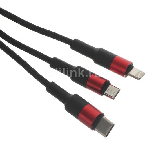 Кабель Hoco X26 Xpress one, Lightning (m)/USB Type-C (m)/micro USB (m) - USB (m), 1м, 2A, черный / красный [80282]