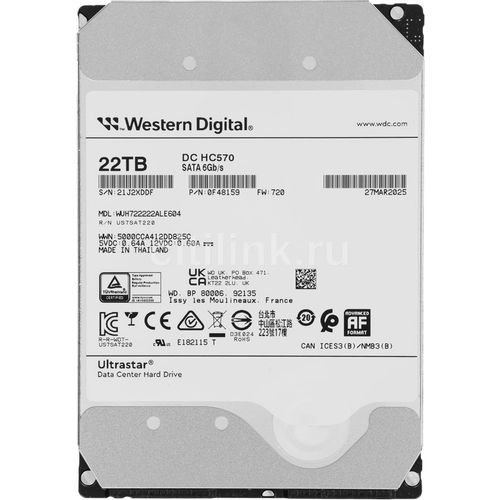 Жесткий диск WD Ultrastar DC HC570 WUH722222ALE604, 22ТБ, HDD, SATA III, 3.5" [0f48159]
