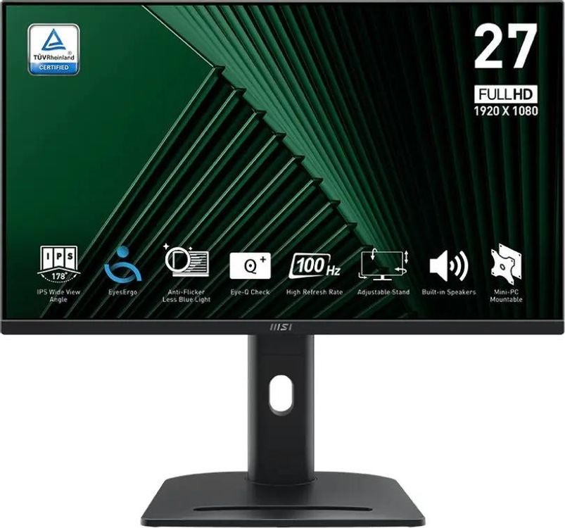 Монитор 27" MSI PRO MP275PG IPS 1920x1080, 100 Гц, 4 мс (GtG), 16:9, 300 кд/м², HDMI, DisplayPort 1.2a, VGA, выход на наушники, встроенные динамики (2x2 Вт), Flicker Free, Adaptive-Sync, слот для замка, регулировка по высоте, поворотная подставка, портретный режим, черный