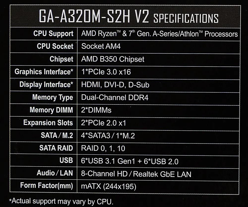 Gigabyte GA A320M S2H V2 SocketAM4 AMD B350 mATX Ret 1104810