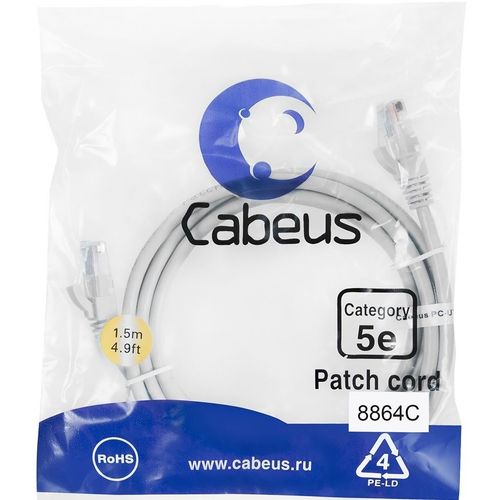 Кабель патч-корд U/UTP 5e кат. 15м. Cabeus PC-UTP-RJ45-Cat.5e-15m-LSZH неэкранированный, серый