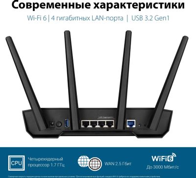 Характеристики Wi-Fi роутер ASUS TUF-AX3000, Wi-Fi 6, AX3000, 2.4