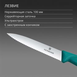Нож кухонный Victorinox Swiss Classic, универсальный, для чистки овощей и фруктов, 100мм, заточка серрейтор, стальной, зеленый