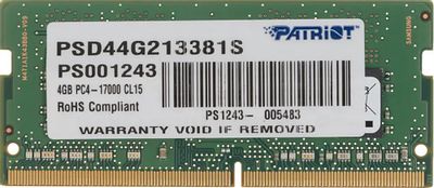 Оперативная память Patriot PSD44G213381S DDR4 -  1x 4ГБ 2133МГц, для ноутбуков (SO-DIMM),  Ret