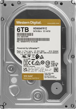 6ТБ Жесткий диск WD Gold WD6004FRYZ, SATA III, 3.5", 7200об/мин