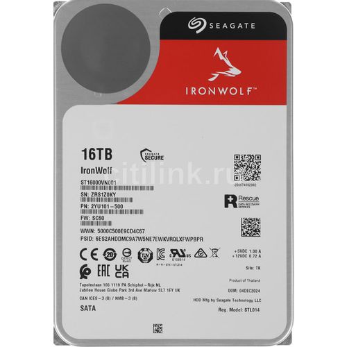 16ТБ Жесткий диск Seagate Ironwolf ST16000VN001, SATA III, 3.5", 7200об/мин
