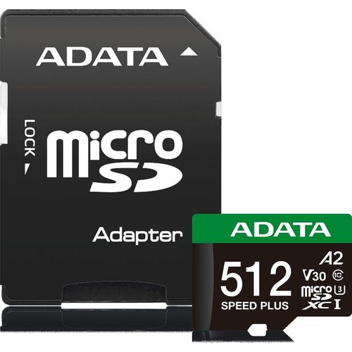 Карта памяти microSDXC UHS-I U3 A-Data Speed Plus 512 ГБ, 180 МБ/с, Class 10, UD512GUI3V30A2SP-RA1, 1 шт., переходник SD