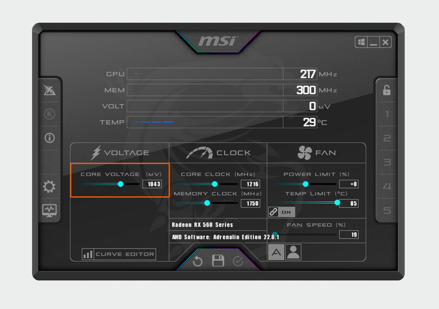 Изменять нужно цифры в графе CORE VOLTAGE
