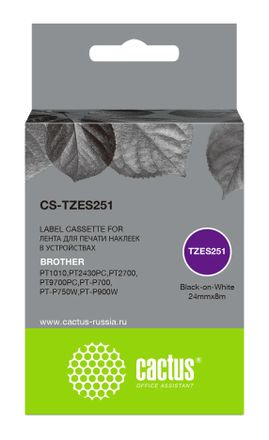 Картридж Cactus CS-TZES251, TZe-S251, 24мм, черный шрифт, белый фон, 8м, CS-TZES251