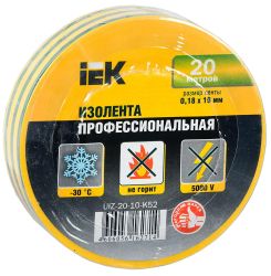 Изолента IEK ширина 19мм, 20м, желтый/зеленый
