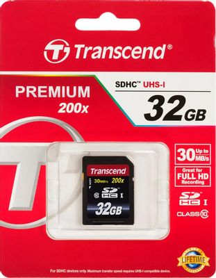 Карта памяти SDHC UHS-I Transcend Premium 32 ГБ, 30 МБ/с, 200X, Class 10, TS32GSDHC10,  1 шт., без адаптера