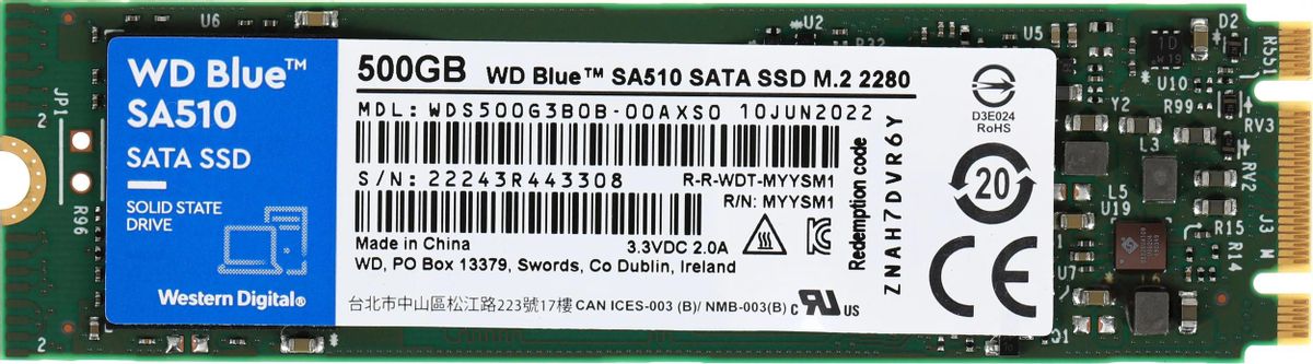 SSD накопитель WD Blue SA510 WDS500G3B0B 500ГБ, M.2 2280, SATA III