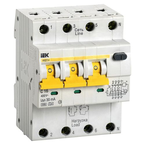 Автоматический выключатель дифф. тока IEK АВДТ 34 (MAD22-6-016-C-30) 16A тип C 6кА 4П 400В 4 модуля белый (упак.:1шт)