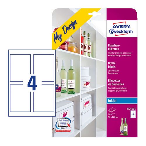Этикетки Avery Zweckform MD4001, A4, для струйной печати, 5л, белый, 90мм х 120мм, 4шт, покрытие глянцевое