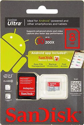 Карта памяти microSDHC Sandisk Ultra Android 8 ГБ, Class 10, SDSDQUA-008G-U46A, 1 шт., переходник SD