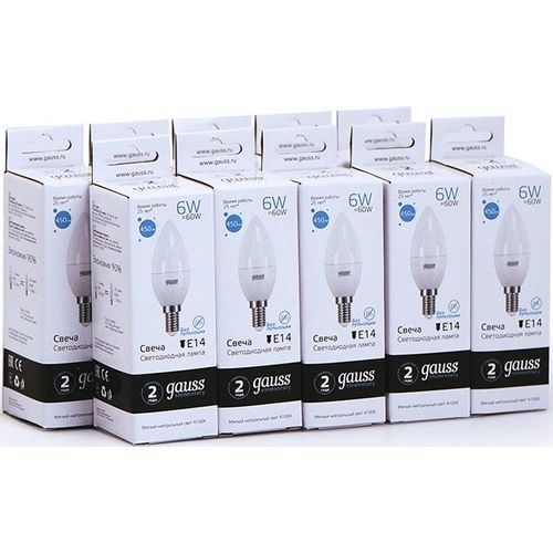 Упаковка ламп LED GAUSS E14, свеча, 6Вт, 10 шт. [33126]