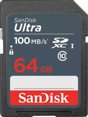 Карта памяти SDXC UHS-I Sandisk Ultra 64 ГБ, 100 МБ/с, Class 10, SDSDUNR-064G-GN3IN,  1 шт.