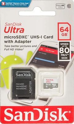 Карта памяти microSDXC UHS-I Sandisk Ultra 80 64 ГБ, 80 МБ/с, 533X, Class 10, SDSQUNS-064G-GN3MA,  1 шт., переходник SD