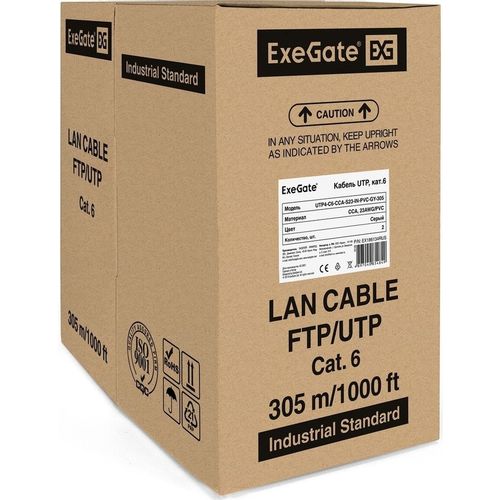 Кабель EXEGATE UTP4-C6-CCA-S23-IN-PVC-GY-305 UTP UTP, кат.6, 305м, 4 пары, 23AWG, алюминий омедненный, одножильный, серый
