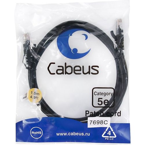 Патч-корд CABEUS PC-UTP-RJ45-Cat.5e-1.5m-BK-LSZH, вилка RJ-45, вилка RJ-45, кат.5E, LSZH, 1.5м, черный