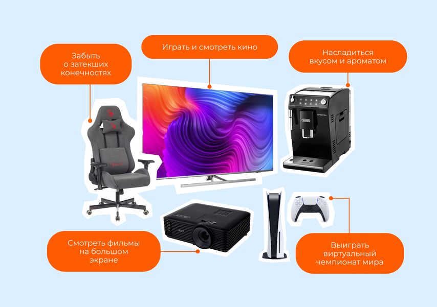 Кресло игровое A4TECH Bloody GC-700, игровая консоль PlayStation 5, телевизор Philips 65PUS8507/60, 4K Ultra HD, проектор Acer X128HP, кофемашина DeLonghi Autentica