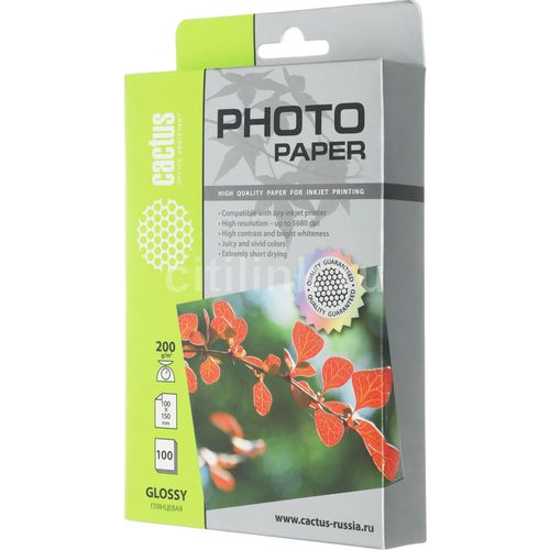 Фотобумага Cactus CS-GA6200100, для струйной печати, 100л, 200г/м2, белый, покрытие глянцевое
