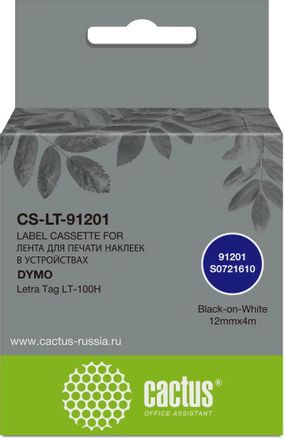 Картридж Cactus CS-LT-91201, 91201, 12мм, черный шрифт, белый фон, 4м, CS-LT-91201
