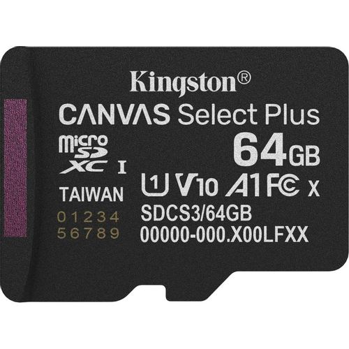 Карта памяти microSDXC UHS-I U1 Kingston Canvas Select Plus 64 ГБ, 100 МБ/с, Class 10, SDCS3/64GBSP, 1 шт., без адаптера