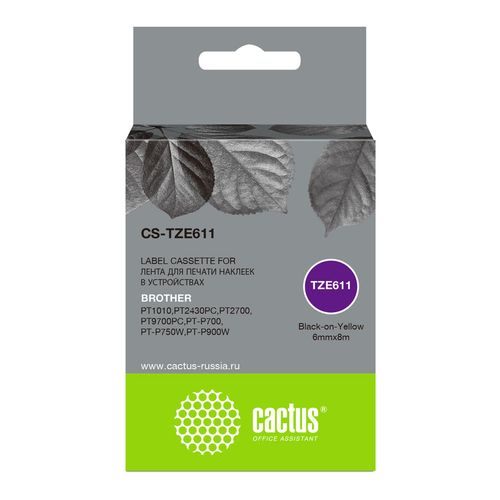 Картридж Cactus CS-TZE611, TZe-611, 6мм, черный шрифт, желтый фон, 8м, CS-TZE611