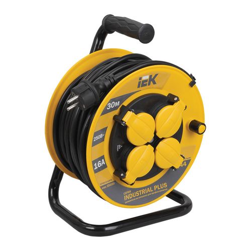 Удлинитель силовой IEK INDUSTRIAL PLUS, розеток 4шт, 3x1.5 кв.мм, 16A, 30м, ПВС, катушка, желтый [wkp15-16-04-30-44]