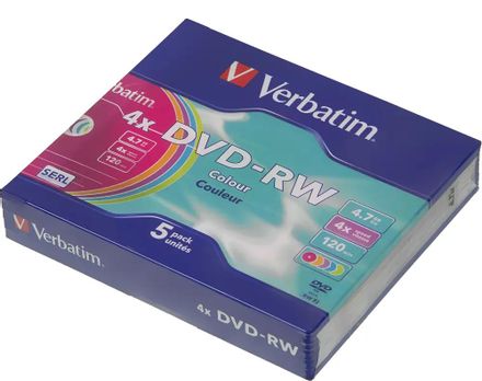 Оптический диск DVD-RW Verbatim 4.7ГБ 4x, 5шт., slim case, разноцветные [43563]