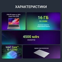 Ноутбук Digma Ascend, 15.6", IPS, Intel Core i5 1235U, 10-ядерный, 16ГБ DDR4, 512ГБ SSD, Intel UHD Graphics, серый