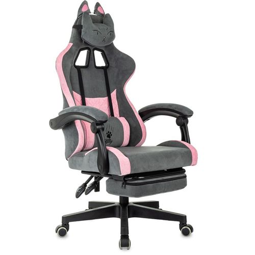 Кресло игровое KNIGHT Киса/Ф (Kitty/F), ткань, до 120кг, механизм наклона спинки, шарнирные подлокотники, серый/розовый