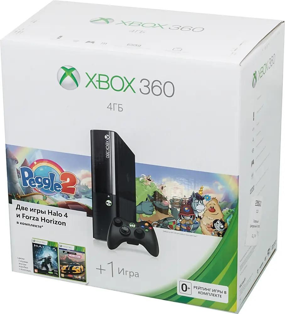 Характеристики Игровая консоль Microsoft Xbox 360 E +3 игры: Forza Horizon,  Halo4, Peggle (код) L9V-00049, 4ГБ (286656) смотреть в СИТИЛИНК