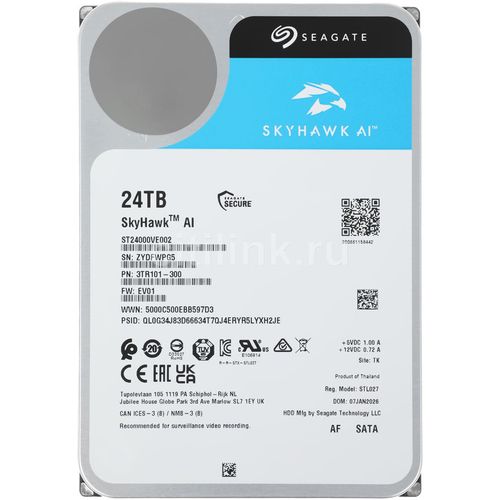 Жесткий диск Seagate SkyHawkAI ST24000VE002, 24ТБ, HDD, SATA III, 3.5″, 7200об/мин