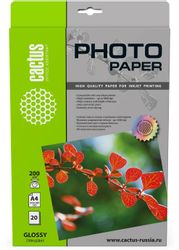 Фотобумага Cactus CS-GA420020, A4, для струйной печати, 20л, 200г/м2, белый, покрытие глянцевое