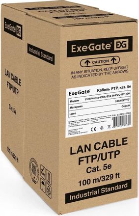 Кабель EXEGATE FUTP4-C5e-CCA-S24-IN-PVC-GY-100 FTP F/UTP, кат.5E, 100м, 4 пары, 24AWG,  алюминий омедненный,  одножильный,  серый