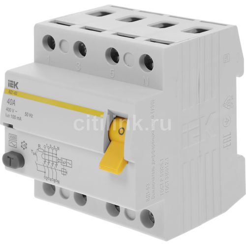 Выключатель дифф. тока (УЗО) IEK ВД1-63 (MDV10-4-040-100) 40A 4П 400В 4 модуля белый (упак.:1шт)